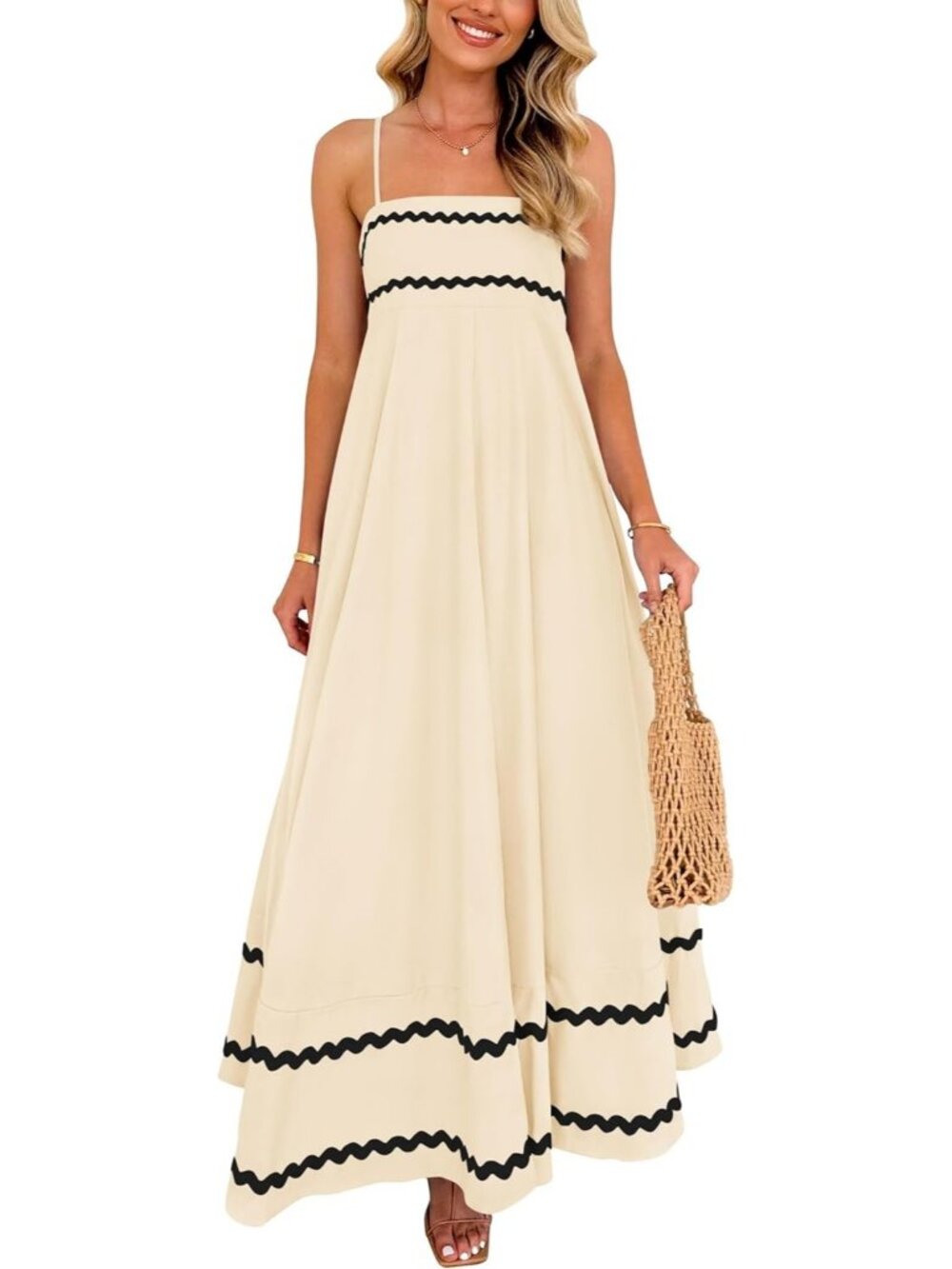 Women's Light Beige Flowy Maxi Summer Sleeveless Strap Ruffle Beach Long Dress